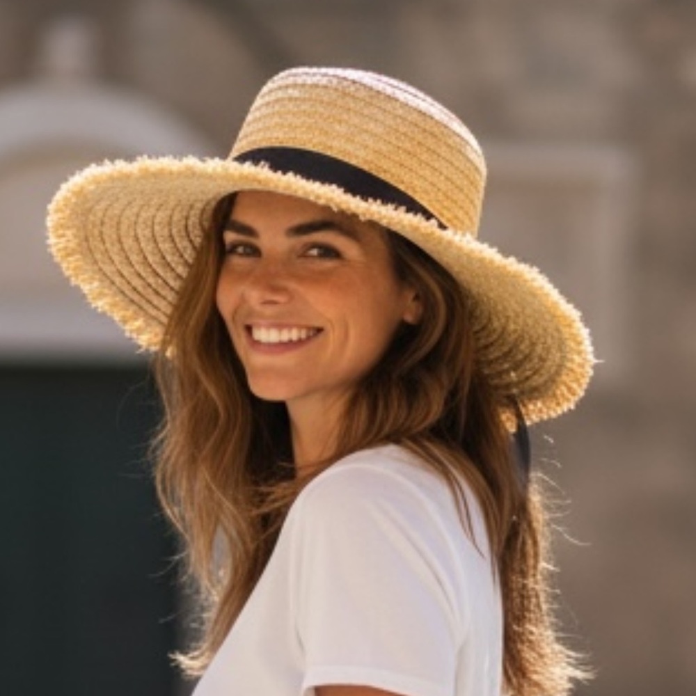 Fashion Hat Woven Sun‎ Hat Fringe Grosgrain Ribbon Band NWT Tan Black 9035